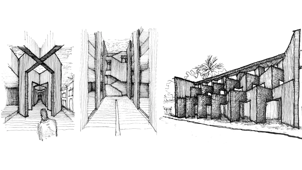 Architectural sketch of Laiva Plaza Hotel showing the interwoven wall system and central courtyard