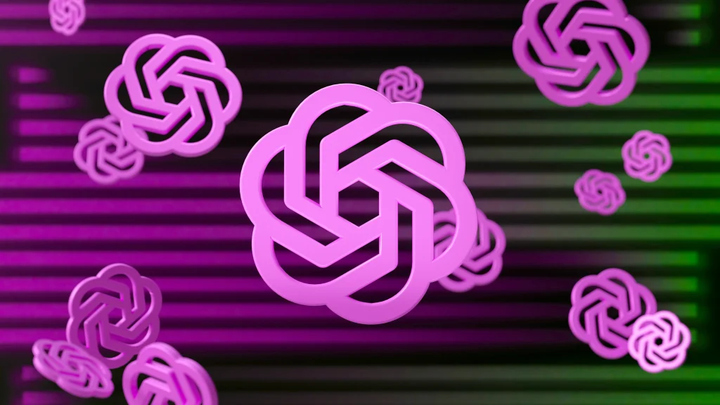 Multiple pink OpenAI logos floating against a purple and green digital background