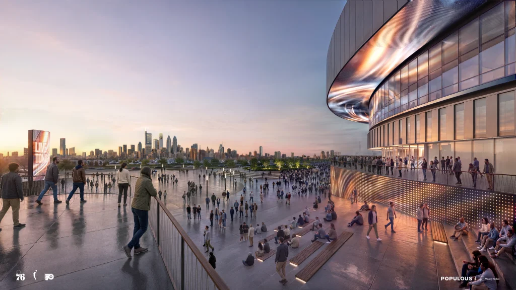 Exterior rendering of the Populous-designed Philadelphia arena at dusk, showing fans crossing a wide plaza beneath a curved, cantilevered band extending from the facade, with the city skyline in the distance.