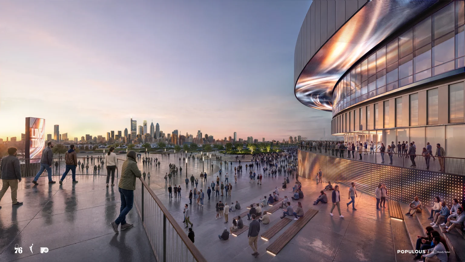 Exterior rendering of the Populous-designed Philadelphia arena at dusk, showing fans crossing a wide plaza beneath a curved, cantilevered band extending from the facade, with the city skyline in the distance.