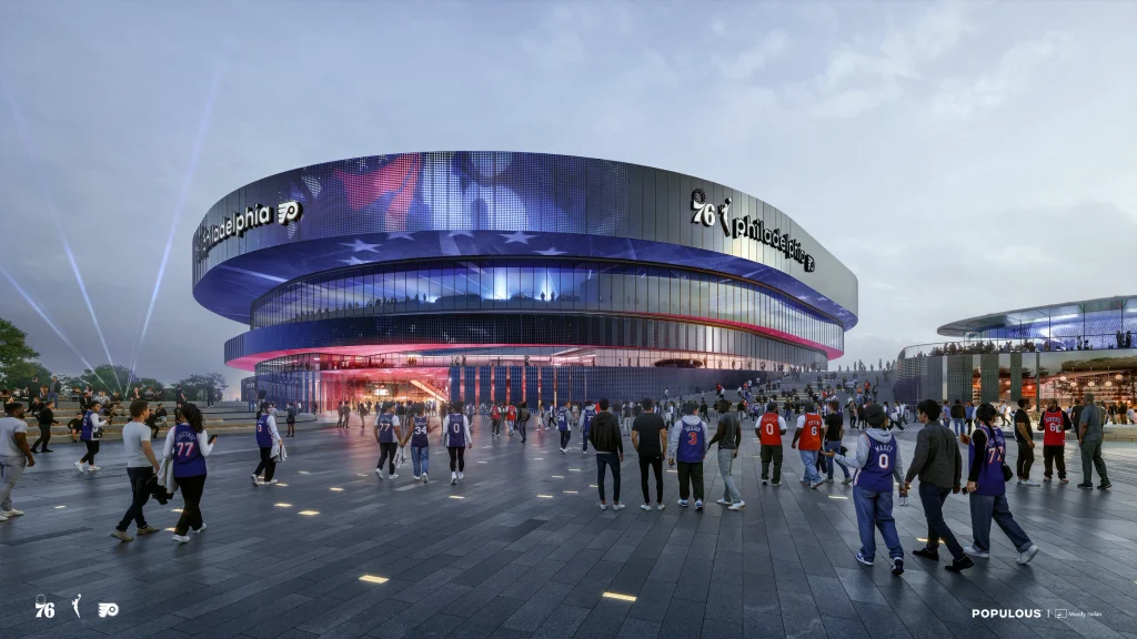 Night-time exterior rendering of the arena's stacked, ring-shaped bands lit in blue and red, with fans walking across the adjacent plaza toward the entrance.