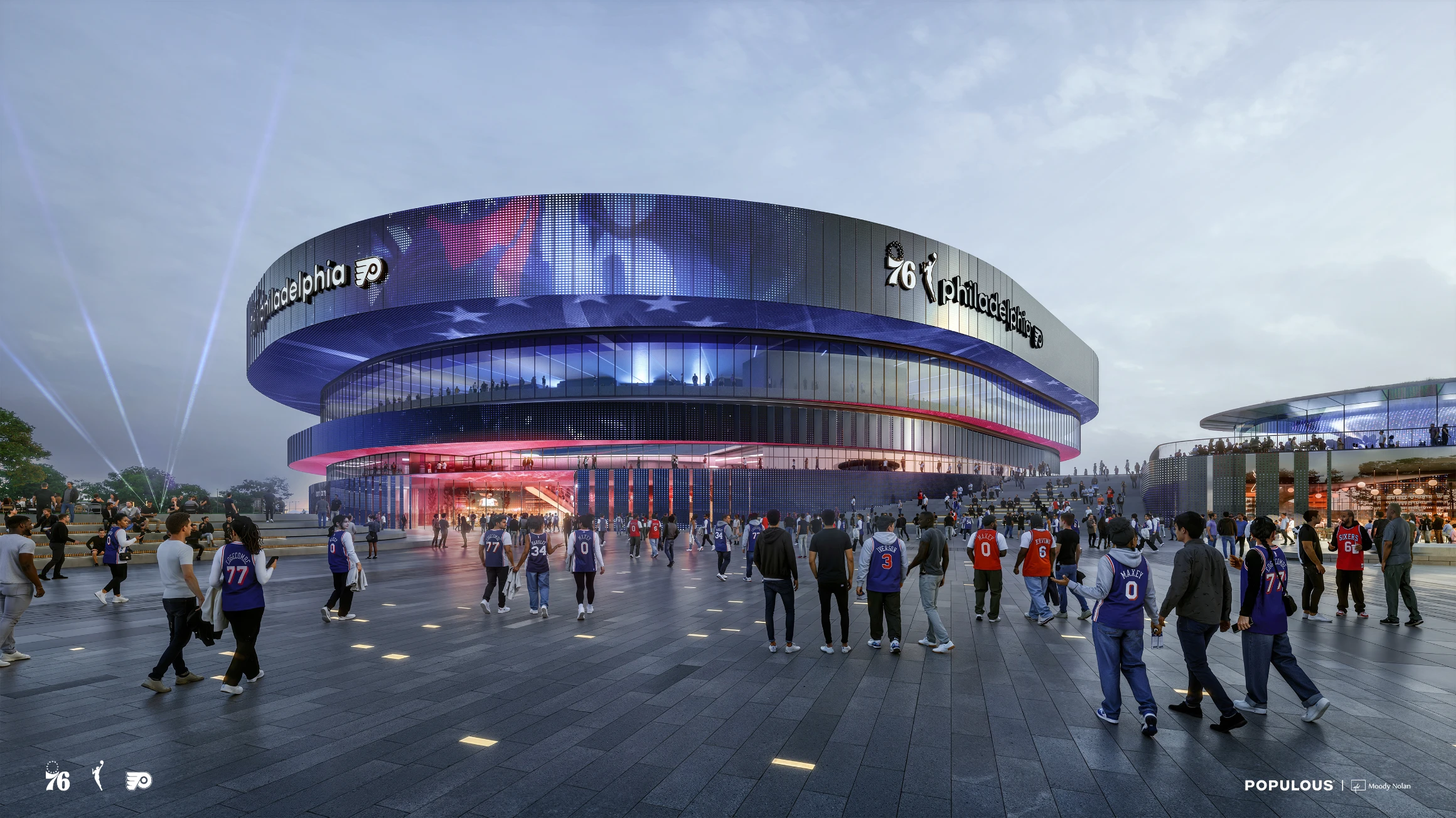 Night-time exterior rendering of the arena's stacked, ring-shaped bands lit in blue and red, with fans walking across the adjacent plaza toward the entrance.