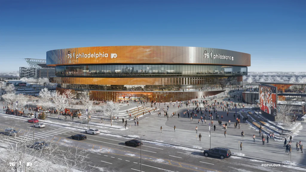 Daytime exterior rendering of the arena's entrance area, showing a warm-toned lower facade beneath glass banding above, with fans walking across the surrounding plaza.