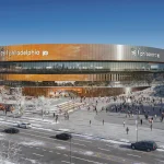 Daytime exterior rendering of the arena's entrance area, showing a warm-toned lower facade beneath glass banding above, with fans walking across the surrounding plaza.