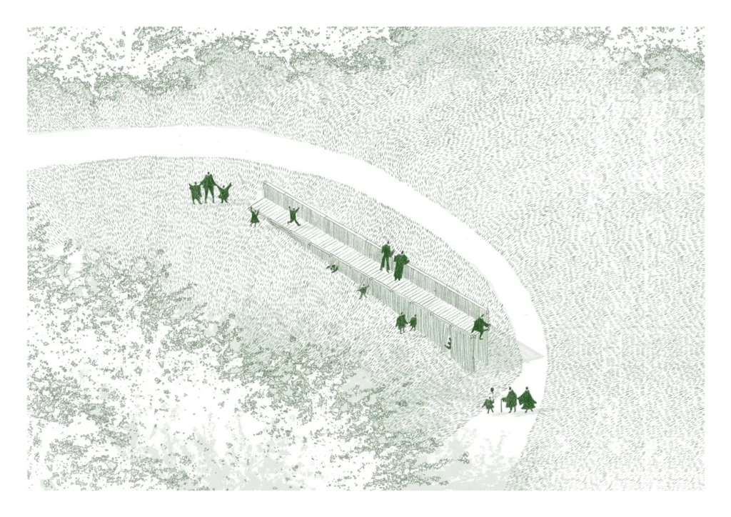 Site plan drawing showing the linear placement of the pavilion on the contour of the land