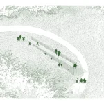 Site plan drawing showing the linear placement of the pavilion on the contour of the land