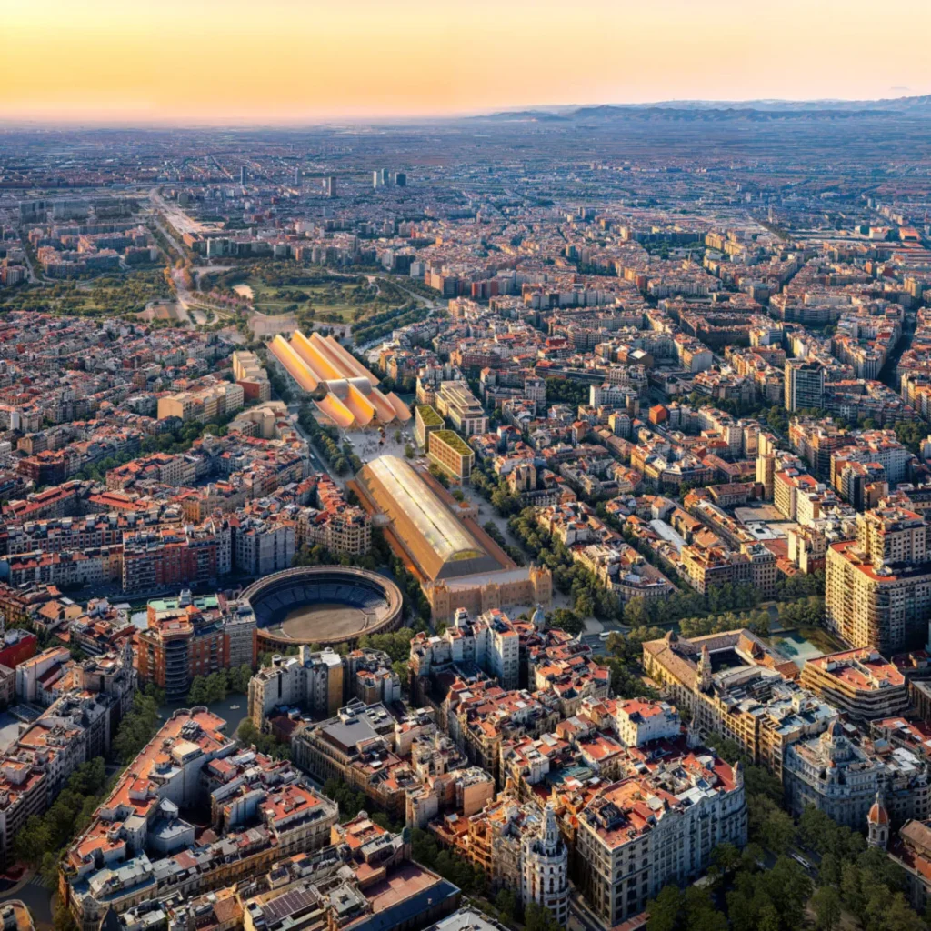Aerial view of central Valencia showing the dense urban fabric around the future Central Station site