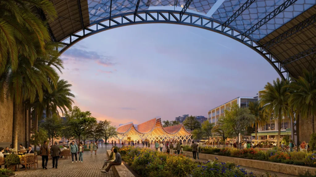Rendering of the new Valencia Central Station canopy with inverted arches at dusk