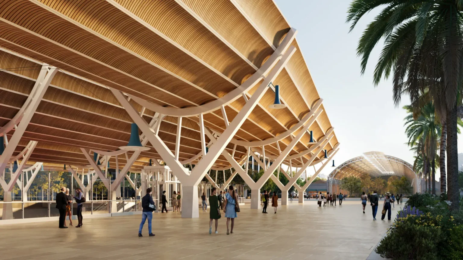 Valencia Central Station Interior perspective of the station concourse beneath the modular timber and steel canopy