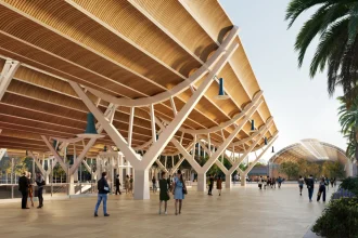 Valencia Central Station Interior perspective of the station concourse beneath the modular timber and steel canopy