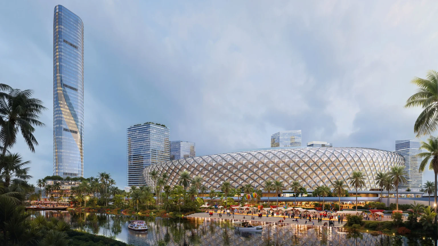 Night rendering of the diamond-patterned stadium beside a river, with a tall glass tower and crowds along the waterfront