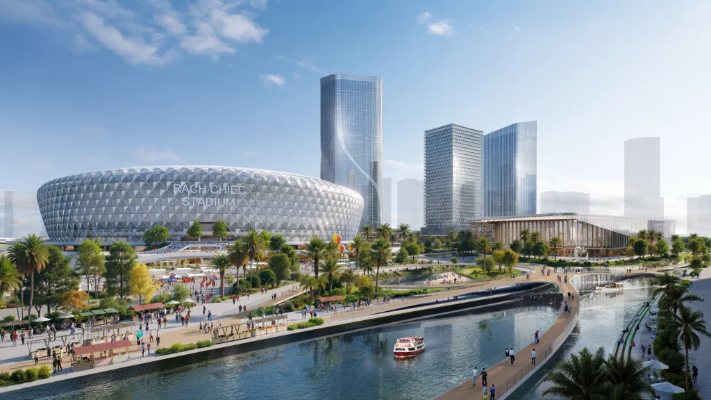 Rach Chiec Stadium: Populous Designs Vietnam’s 70,000-Seat National Arena_Daytime view of Rach Chiec Stadium with its geometric facade, surrounding towers, palm trees and busy pedestrian boardwalk