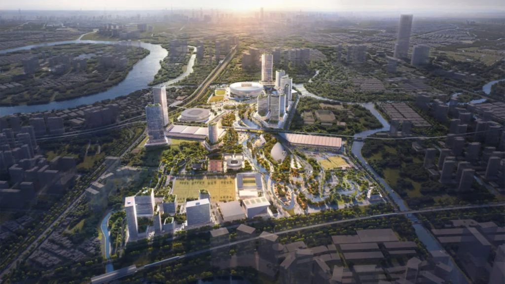 Aerial rendering of the entire Rach Chiec National Sports Complex with stadium, parks, canals and surrounding city