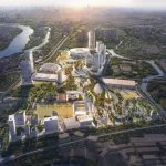 Aerial rendering of the entire Rach Chiec National Sports Complex with stadium, parks, canals and surrounding city