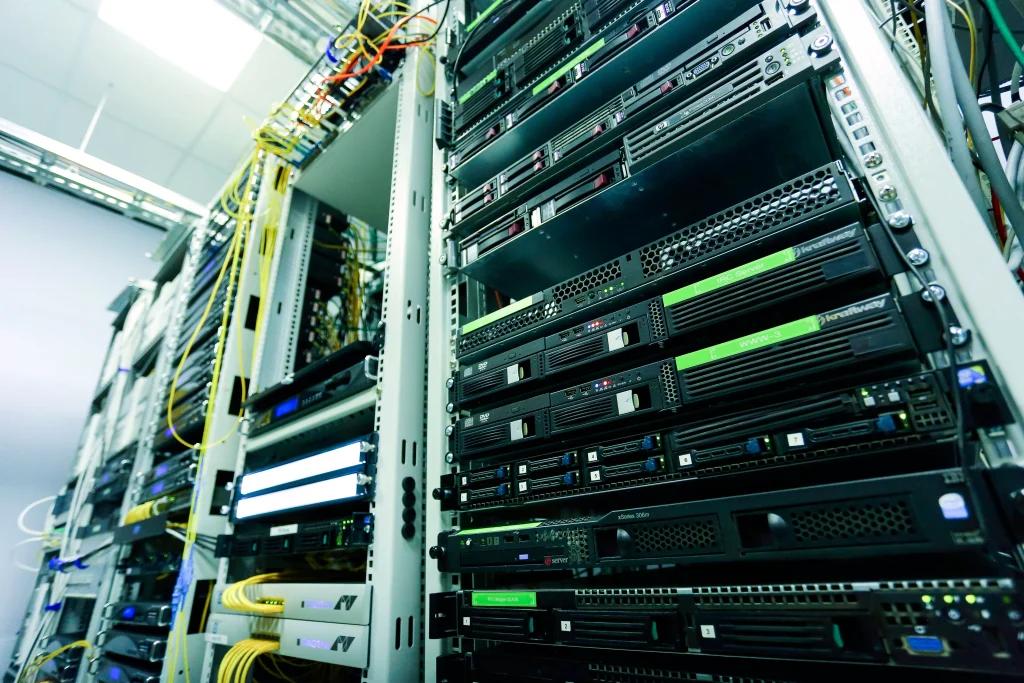 Virginia Rows of server racks inside a working data center