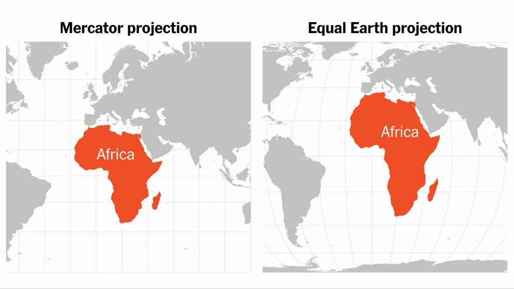 Görsel, Afrika'nın iki dünya haritasını göstermektedir; biri Mercator izdüşümü, diğeri ise Eşit Dünya (Equal Earth) izdüşümü kullanılarak hazırlanmıştır ve şekil ile boyut temsili arasındaki farkları vurgulamaktadır.