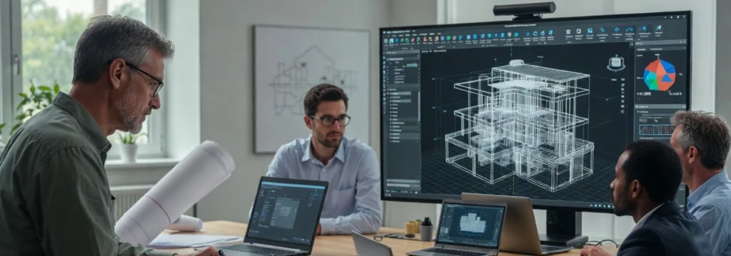 Four architects and engineers sit around a conference table in a bright meeting room, focused on a large wall screen displaying a complex white wireframe 3D model of a multi-level building with structural and analytical overlays. One team member holds rolled architectural drawings.