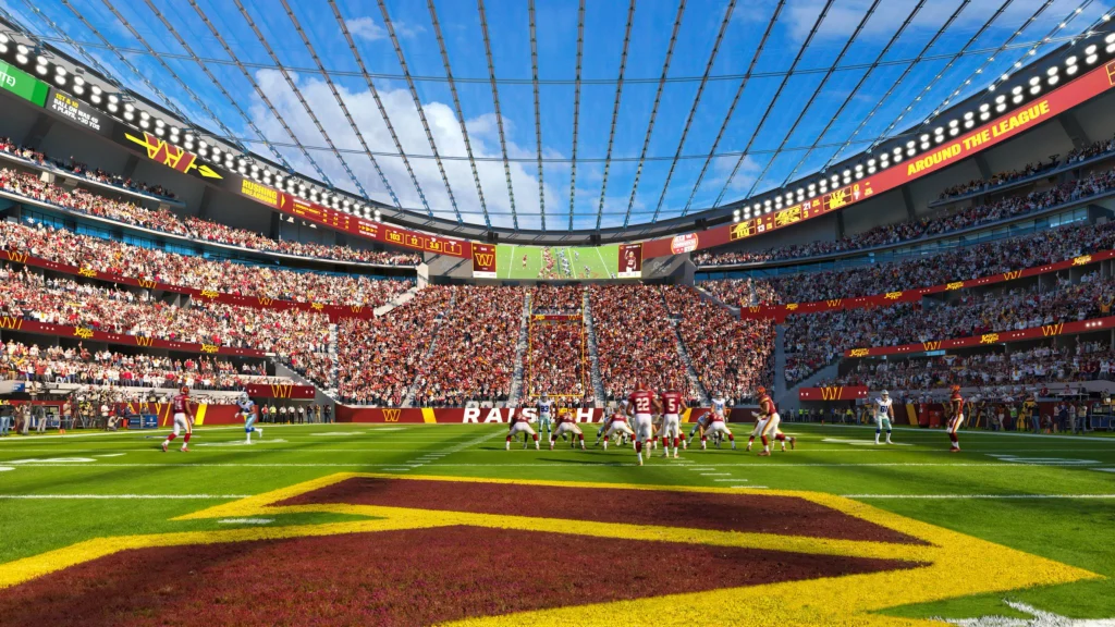 Daytime interior rendering of the continuous seating bowl under the glass roof of the new Commanders stadium