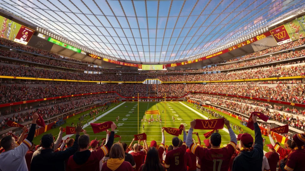 Wide view of the stadium interior showing the steep stands and translucent roof structure