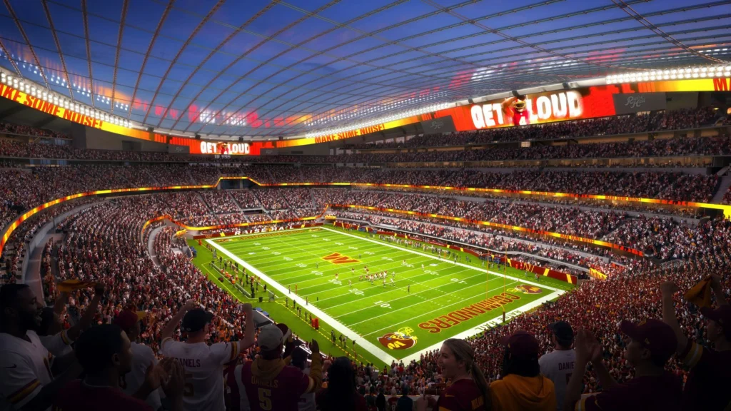 Night rendering of the Commanders stadium bowl with illuminated field and crowd