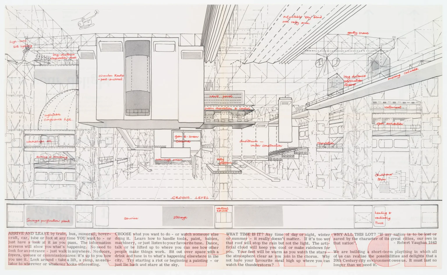 Cedric Price. Fun Palace, 1964. Brochure. Impresión fotomecánica / Photomechanical print, 36,2 × 59,6 cm (abierto/open), dR1995:0188:525:001:016 Cortesía de / Courtesy of: Cedric Price fonds, Canadian Centre for Architecture, Montréal. © ccA