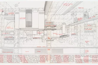 Cedric Price. Fun Palace, 1964. Brochure. Impresión fotomecánica / Photomechanical print, 36,2 × 59,6 cm (abierto/open), dR1995:0188:525:001:016 Cortesía de / Courtesy of: Cedric Price fonds, Canadian Centre for Architecture, Montréal. © ccA