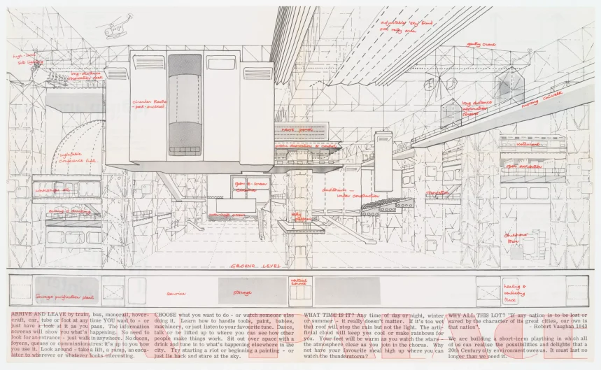Cedric Price. Fun Palace, 1964. Brochure. Impresión fotomecánica / Photomechanical print, 36,2 × 59,6 cm (abierto/open), dR1995:0188:525:001:016 Cortesía de / Courtesy of: Cedric Price fonds, Canadian Centre for Architecture, Montréal. © ccA