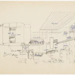 Cedric Price, Fun Palace: conceptual section showing hanging elements, 1963, black and blue felt-tip pen, yellow and red adhesive dots on wove paper, sheet: 50,7 × 75,88 cm, DR1995:0188:027 | Cedric Price fonds, Canadian Centre for Architecture © CCA