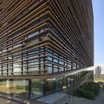 Detail of the concrete structure and brise system at Patrimonium Headquarters