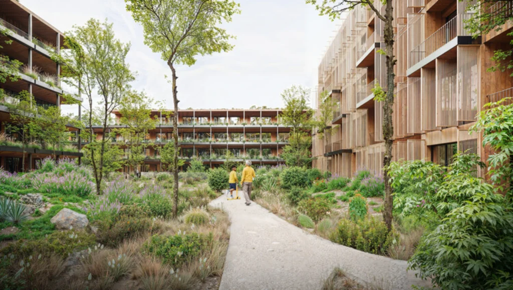 Modular CLT apartment facades with deep balconies facing shared courtyards