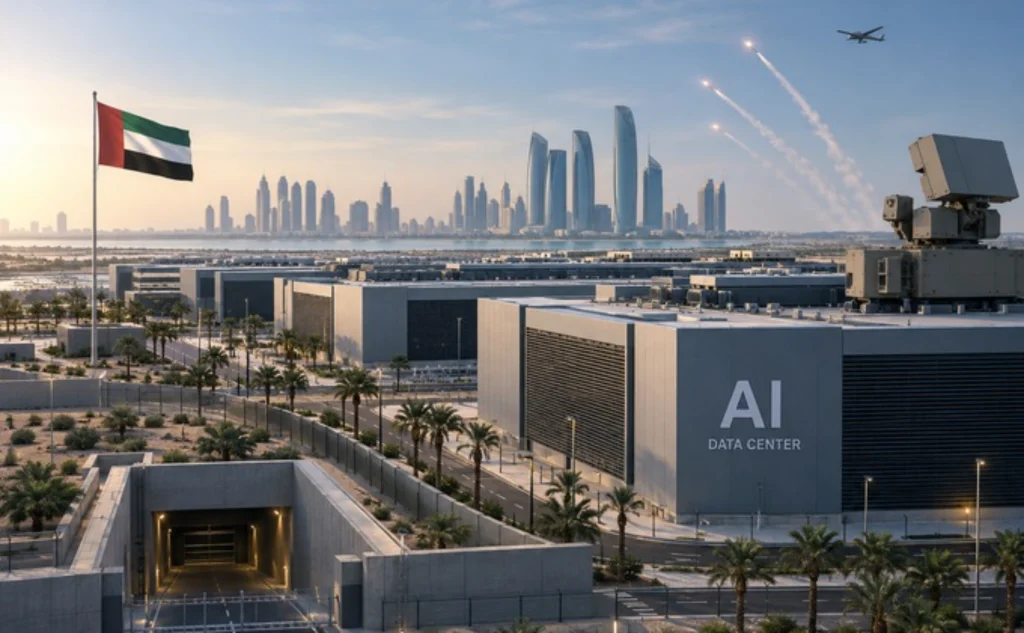 UAE's Aerial view of typical large-scale data center campus under desert conditions