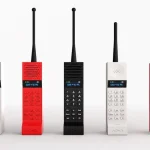 Five color variations of the ADHD ONE handset lined up side by side in grey, red, black, white and yellow by Kevin Noki