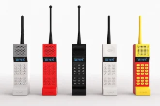 Five color variations of the ADHD ONE handset lined up side by side in grey, red, black, white and yellow by Kevin Noki