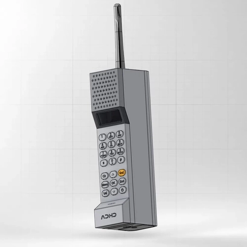 Digital rendering of the ADHD ONE brick phone floating against a light grid background