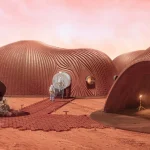 Rendering of curved reddish 3D-printed Mars habitats with astronauts, a solar-powered rover and equipment on the red planetary surface under a pink sky