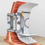 Full view of the Off-World Habitat Wall Section installation showing layered red structural base, grey airlock module and extended platform against a white gallery wall