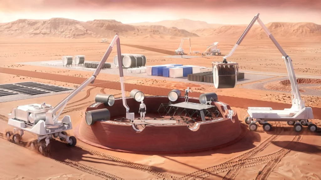 Rendering of robotic arms assembling circular habitat modules on the Martian surface, with solar panels and support vehicles in a desert landscape