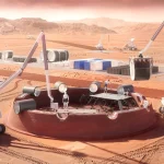 Rendering of robotic arms assembling circular habitat modules on the Martian surface, with solar panels and support vehicles in a desert landscape
