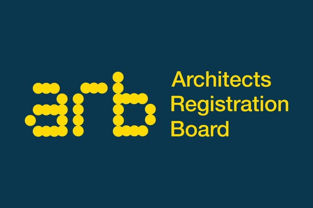 Yellow ARB logo formed from dots beside the words Architects Registration Board on a dark blue background