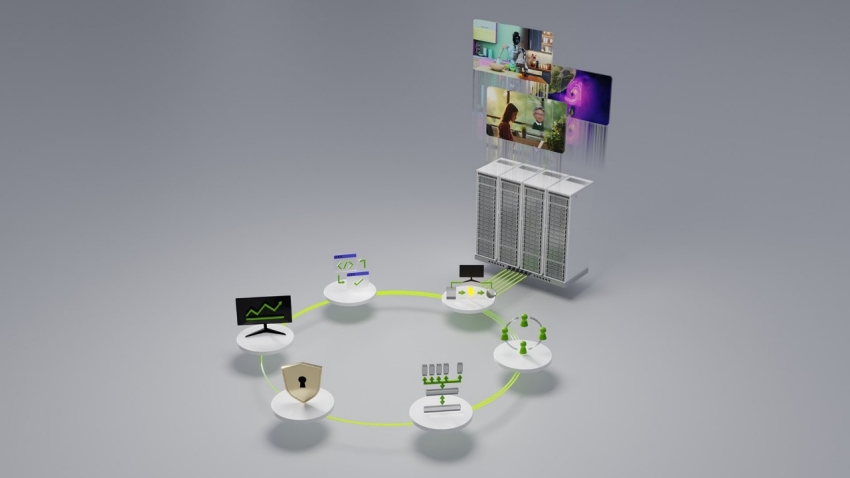 Circular diagram showing connected AI factory components including servers, security, analytics and users linked by a glowing green ring