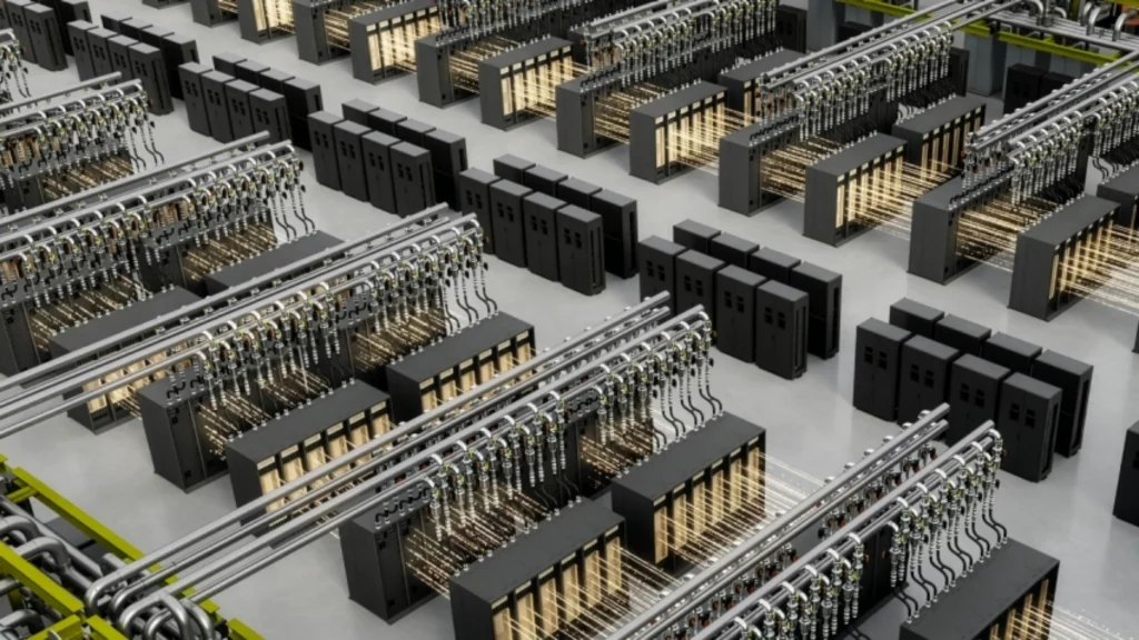 Aerial view of a large AI data centre hall with rows of black server racks connected by extensive silver piping and liquid-cooling systems.
