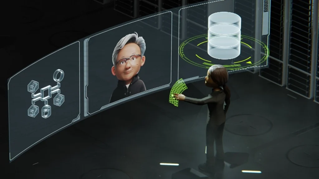 3D avatar of a woman interacting with a curved holographic interface that displays a cartoon portrait of Jensen Huang and data storage icons