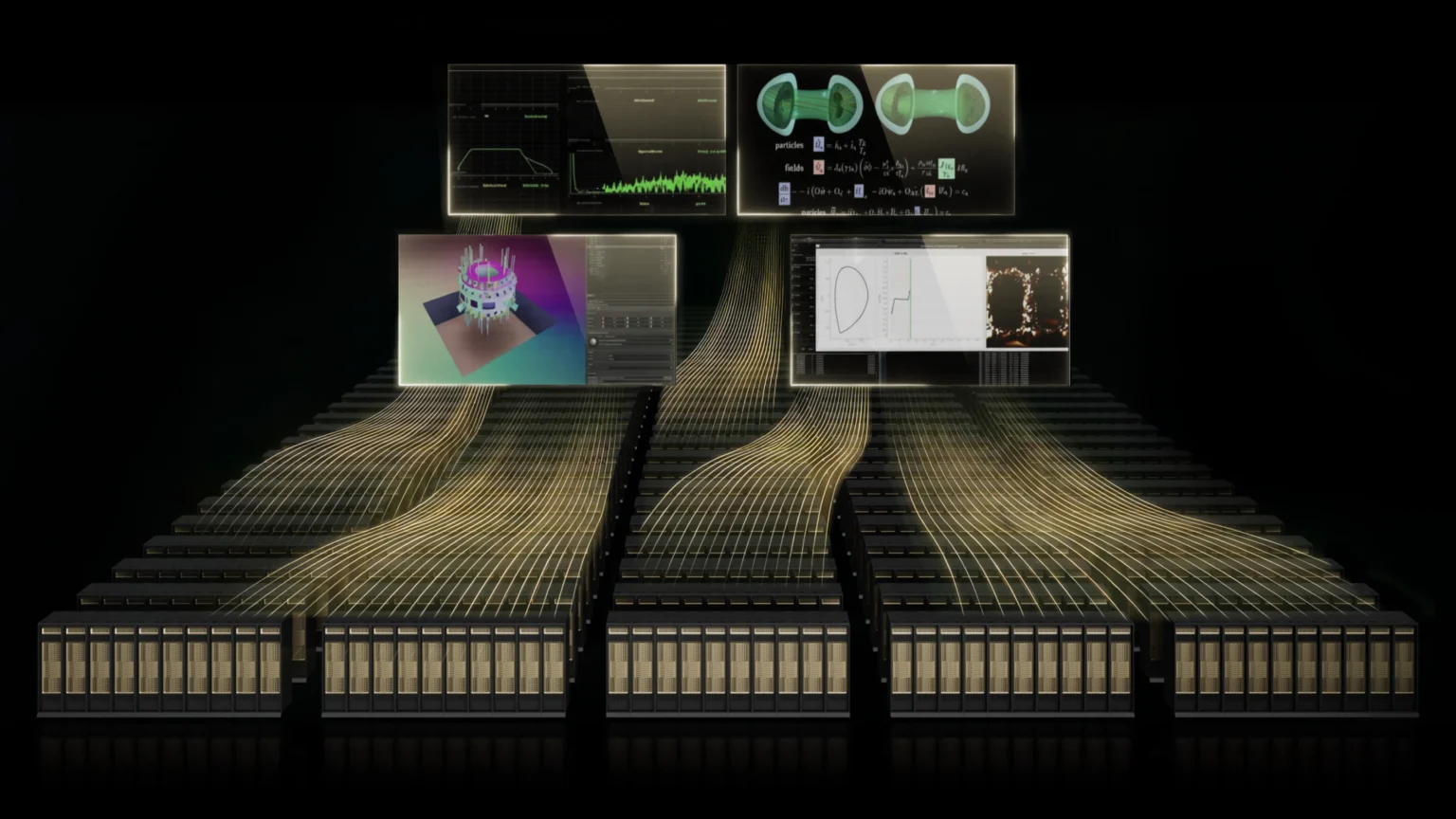 Conceptual render of an AI factory with rows of glowing server racks and floating digital screens showing scientific visualisations and data streams