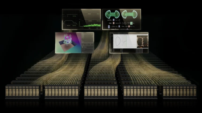 Conceptual render of an AI factory with rows of glowing server racks and floating digital screens showing scientific visualisations and data streams