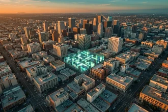 Aerial view of a dense urban skyline at sunset with a glowing geometric digital structure integrated into the city grid, illustrating computational urban design.
