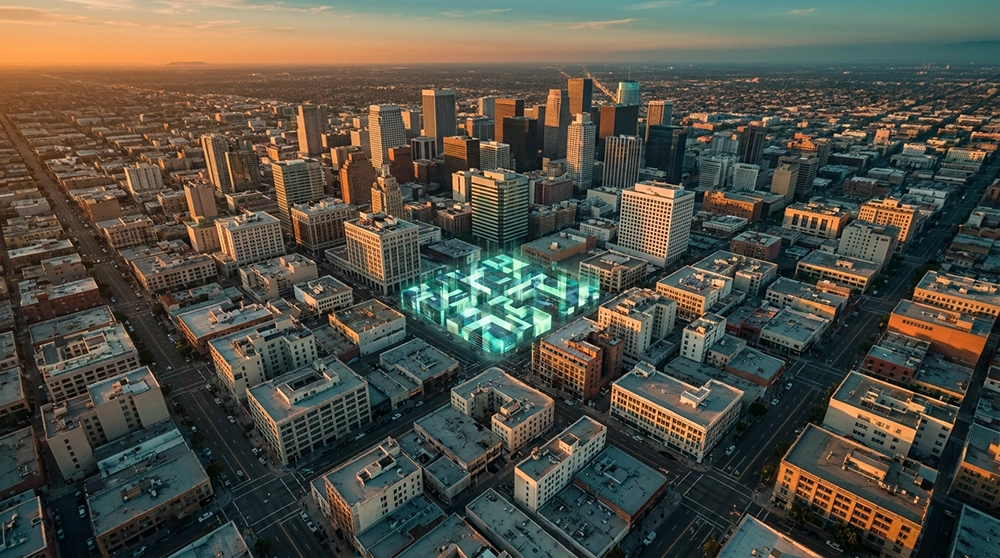 Aerial view of a dense urban skyline at sunset with a glowing geometric digital structure integrated into the city grid, illustrating computational urban design.