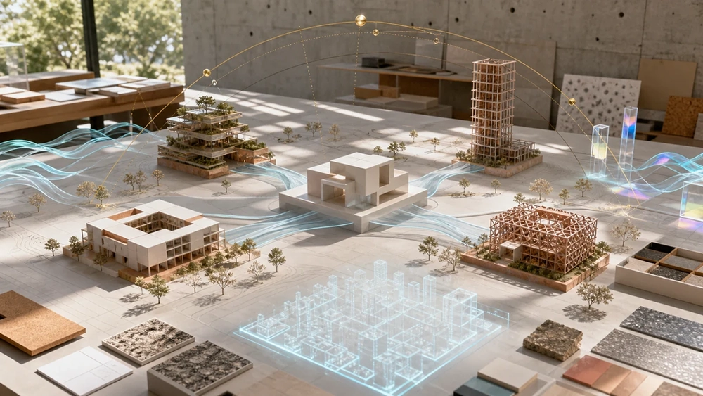 Architectural scale models arranged in a design studio, featuring experimental building forms, digital simulations, and algorithm-driven design exploration.