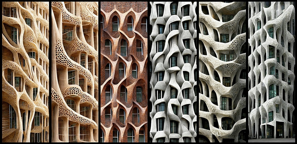 Collection of parametric building facades featuring organic geometries, intricate lattice structures, and algorithm-generated architectural patterns.