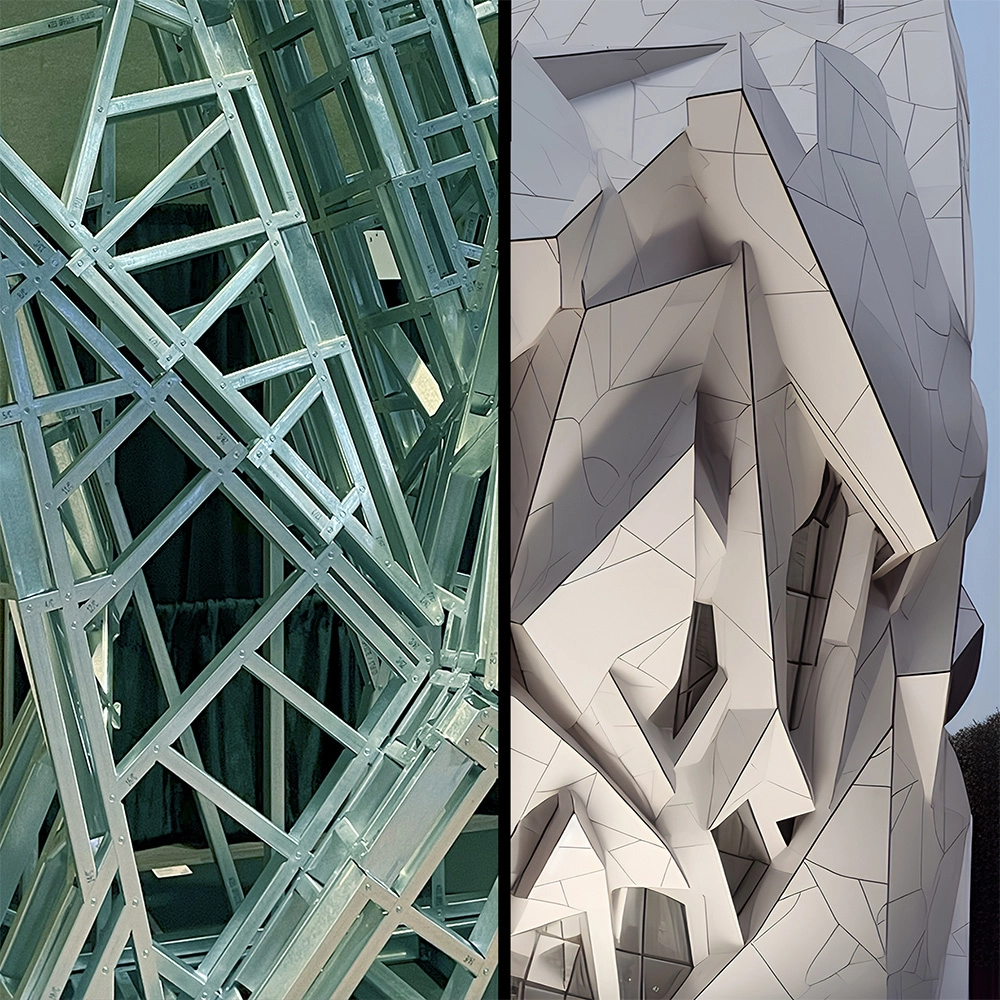 Close-up comparison of a complex steel structural framework and a faceted architectural facade, highlighting computational geometry and digital fabrication techniques.