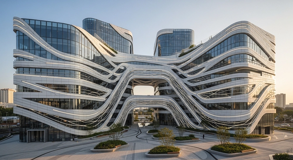 Contemporary architectural building with interconnected curved volumes, flowing white facade elements, and extensive glazing shaped through parametric design.